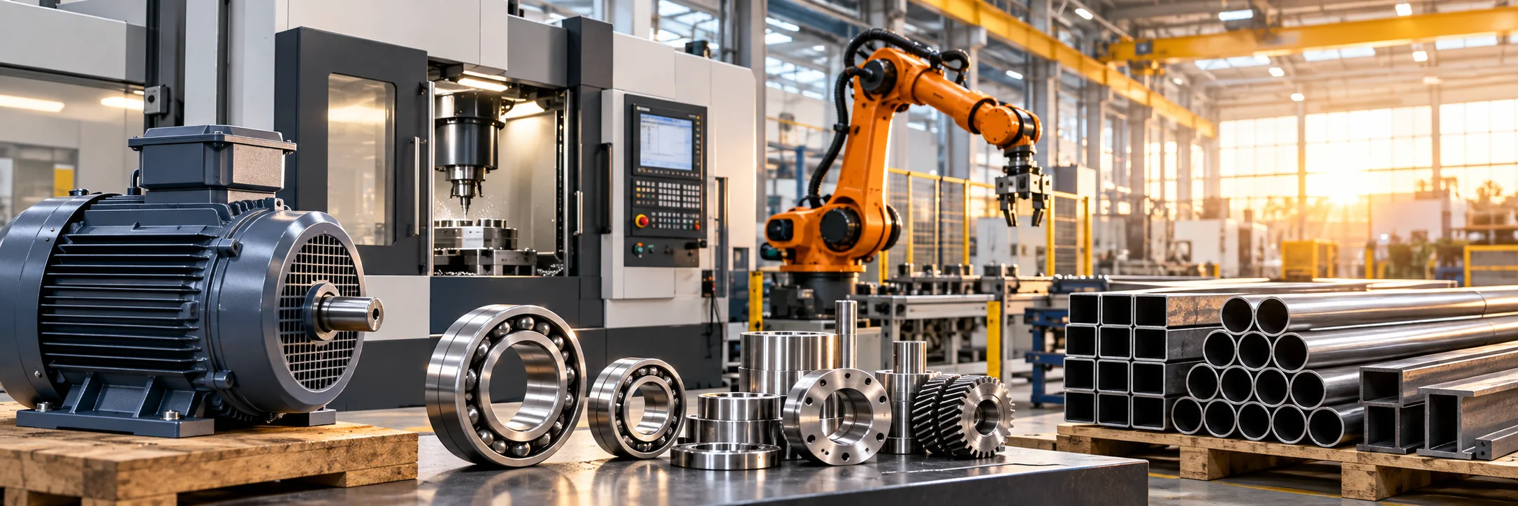 Üretim ekipmanları ve robot kolu bulunan temsili sanayi sahnesi.